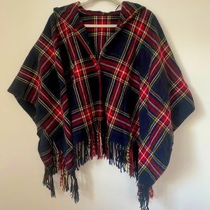Red&blue Plaid Poncho with hoodie
